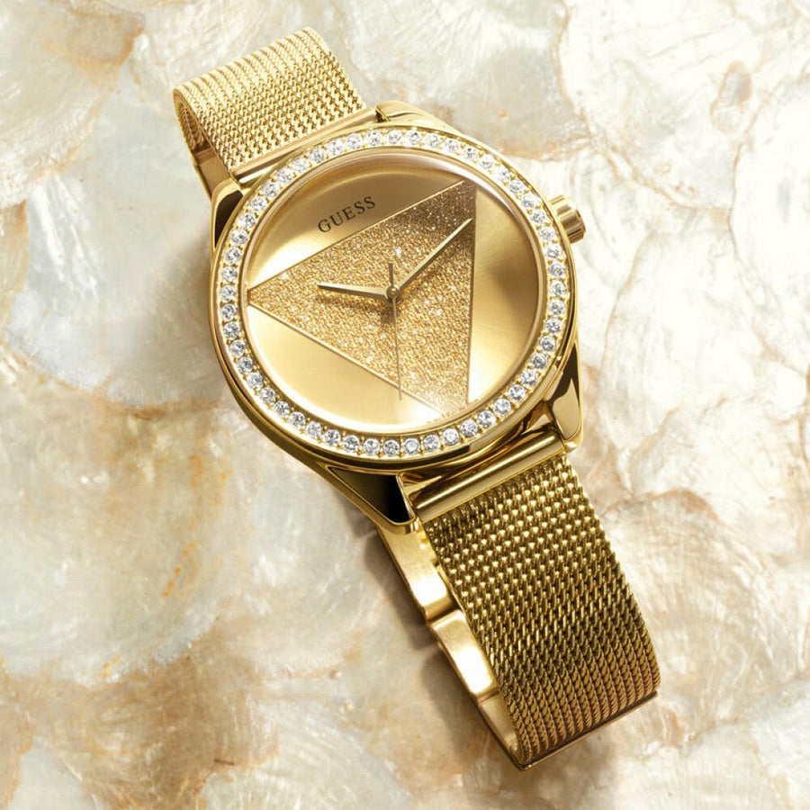 Guess Tri Glitz Quartz Diamonds Gold Dial Gold Mesh Bracelet Watch For Women - W1142L2