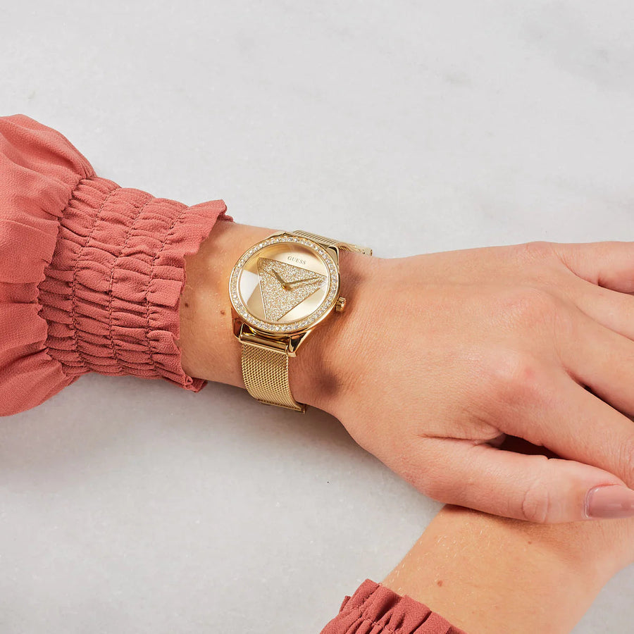 Guess Tri Glitz Quartz Diamonds Gold Dial Gold Mesh Bracelet Watch For Women - W1142L2