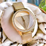 Guess Tri Glitz Quartz Diamonds Gold Dial Gold Mesh Bracelet Watch For Women - W1142L2