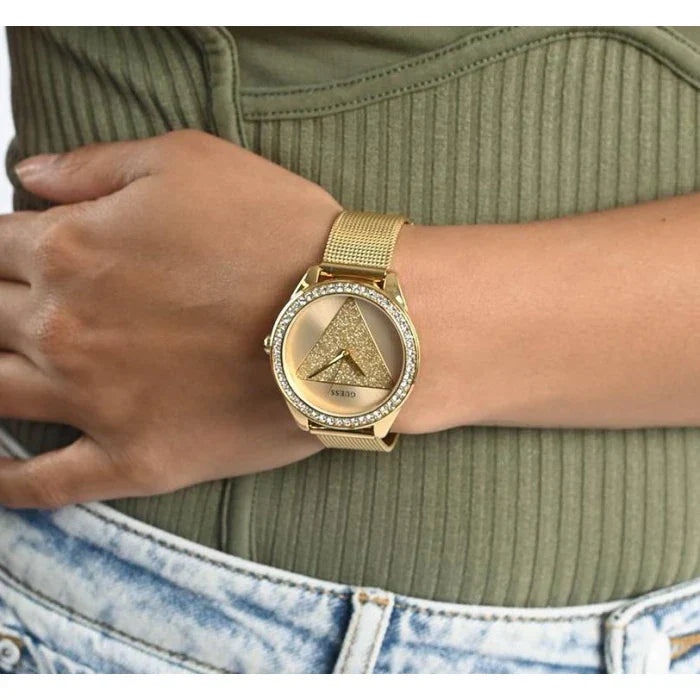 Guess Tri Glitz Quartz Diamonds Gold Dial Gold Mesh Bracelet Watch For Women - W1142L2