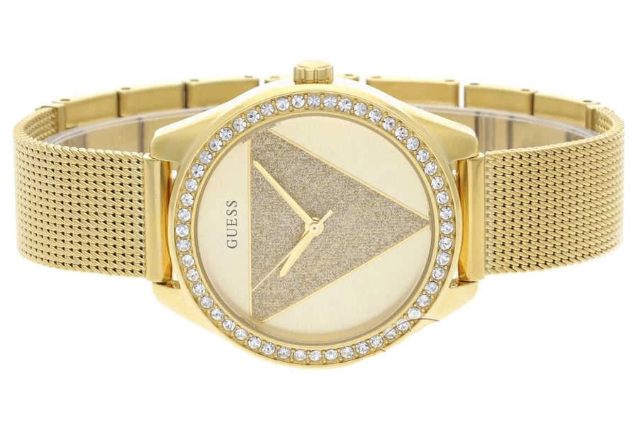 Guess Tri Glitz Quartz Diamonds Gold Dial Gold Mesh Bracelet Watch For Women - W1142L2