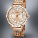 Guess Tri Glitz Quartz Diamonds Rose Gold Dial Rose Gold Mesh Bracelet Watch For Women - W1142L4