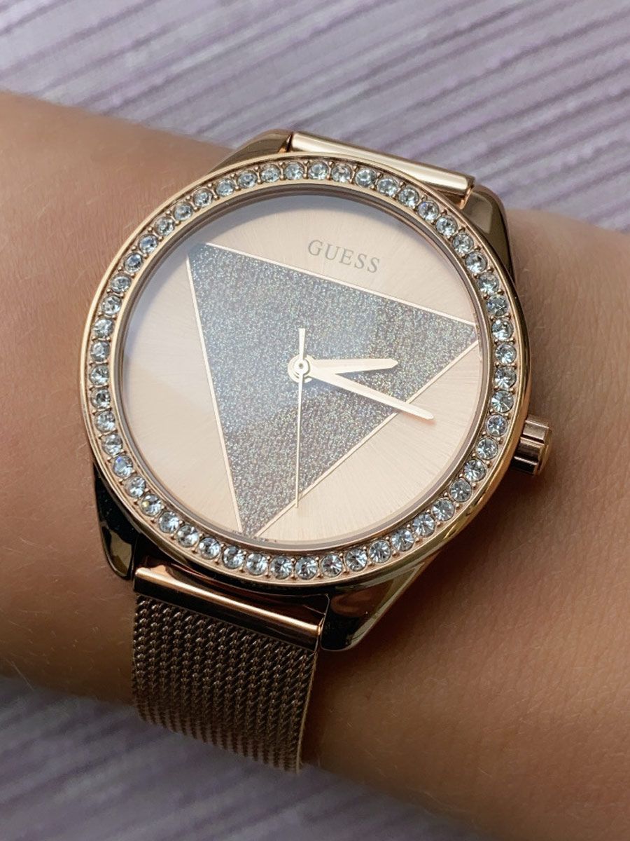 Guess Tri Glitz Quartz Diamonds Rose Gold Dial Rose Gold Mesh Bracelet Watch For Women - W1142L4