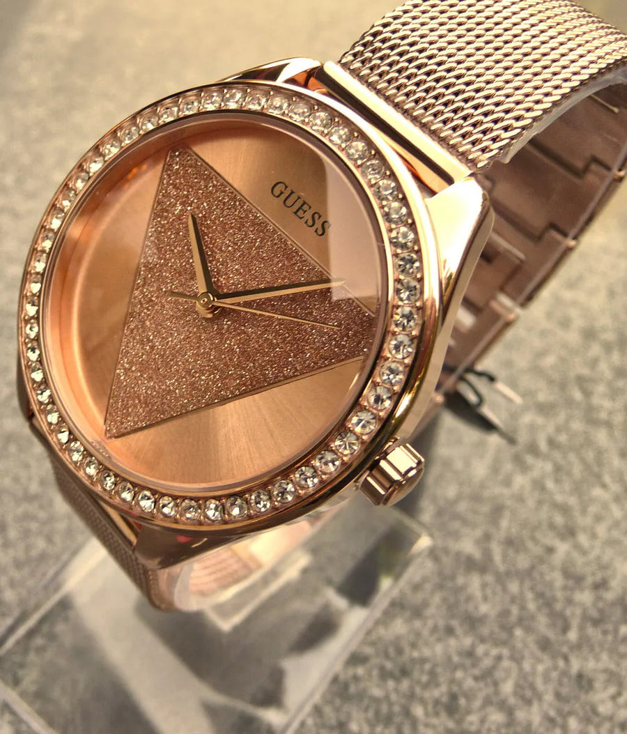 Guess Tri Glitz Quartz Diamonds Rose Gold Dial Rose Gold Mesh Bracelet Watch For Women - W1142L4