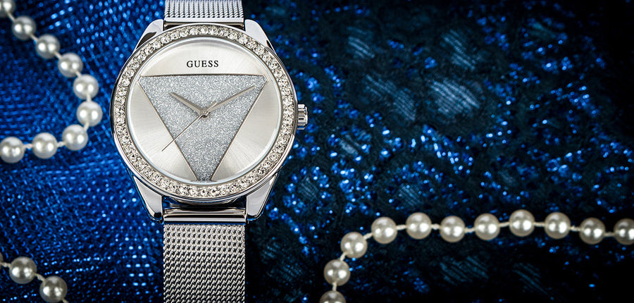 Guess Tri Glitz Quartz Silver Dial Silver Mesh Bracelet Watch For Women - W1142L1