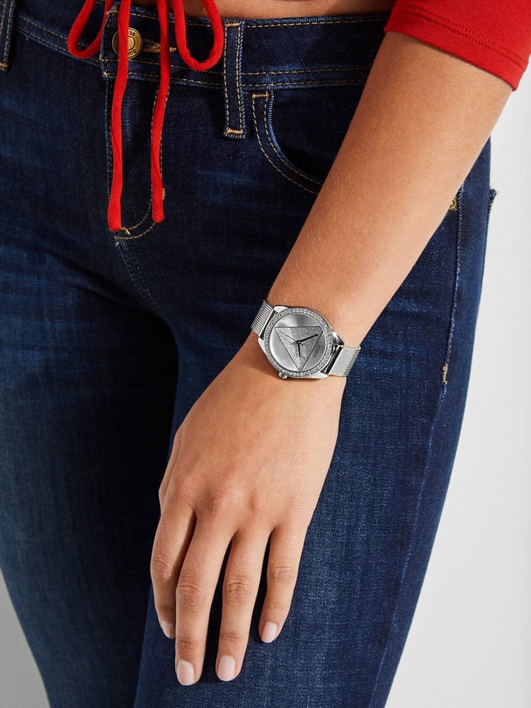 Guess Tri Glitz Quartz Silver Dial Silver Mesh Bracelet Watch For Women - W1142L1
