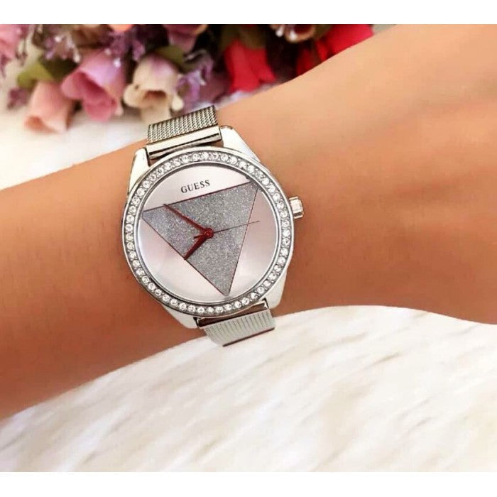 Guess Tri Glitz Quartz Silver Dial Silver Mesh Bracelet Watch For Women - W1142L1