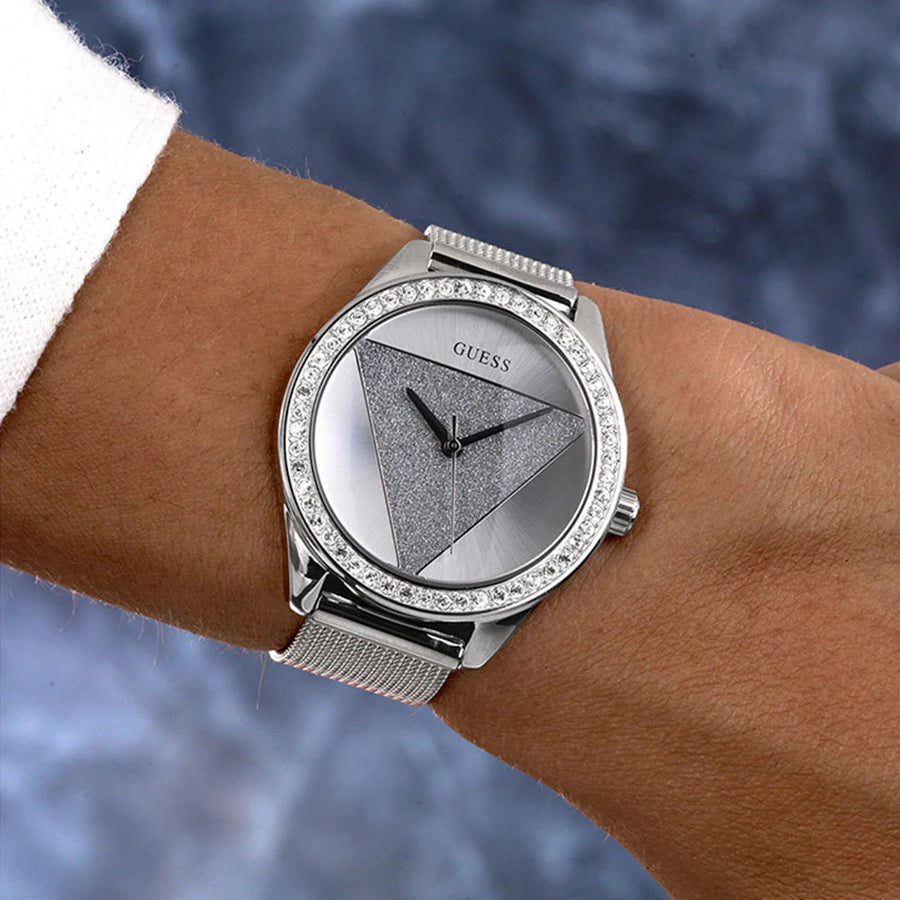 Guess Tri Glitz Quartz Silver Dial Silver Mesh Bracelet Watch For Women - W1142L1