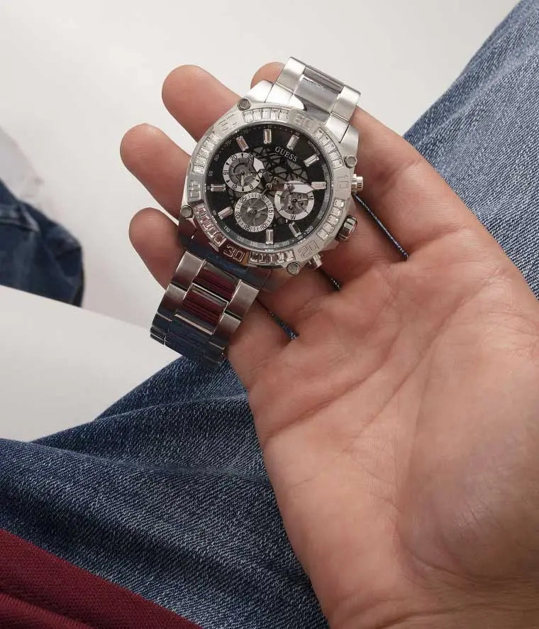 Guess Trophy Chronograph Diamonds Black Dial Silver Steel Strap Watch for Men - GW0390G1