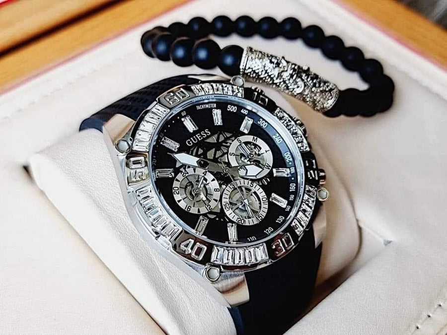 Guess Trophy Multifunction Black Dial Black Rubber Strap Watch for Men - GW0333G1