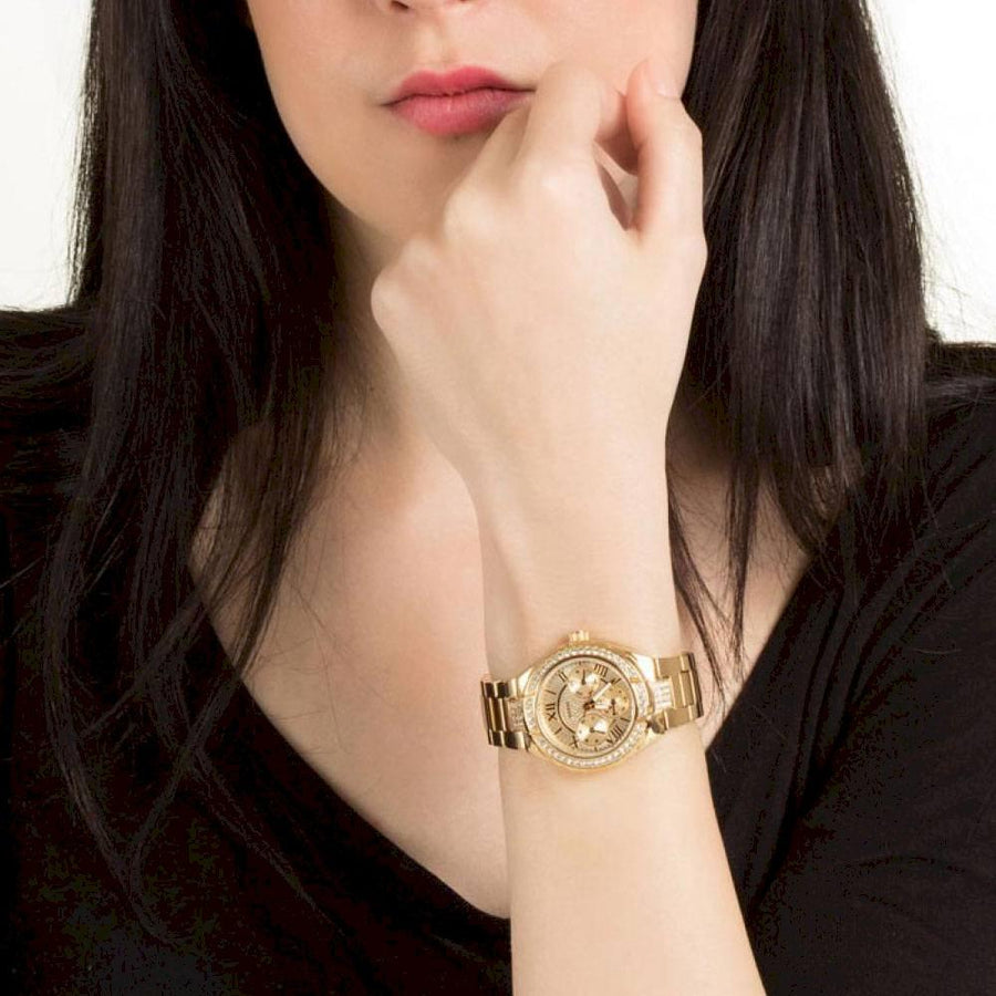 Guess Viva Diamonds Gold Dial Gold Steel Strap Watch for Women - W0111L2