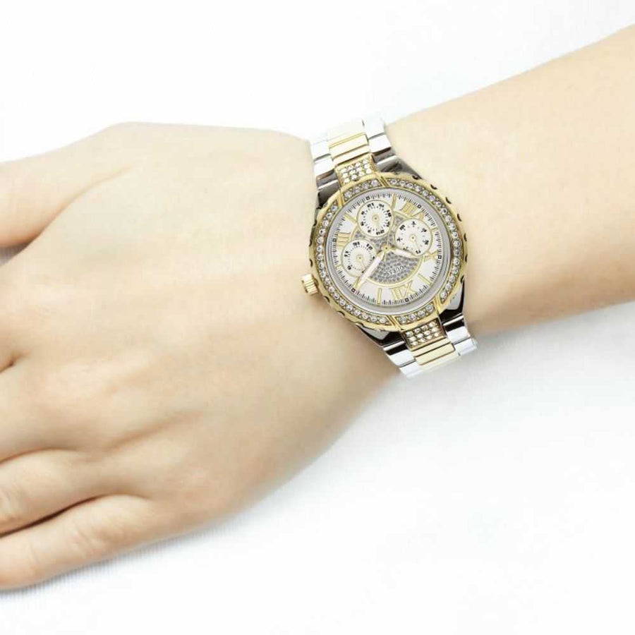 Guess Viva Diamonds Silver Dial Two Tone Steel Strap Watch for Women - W0111L5
