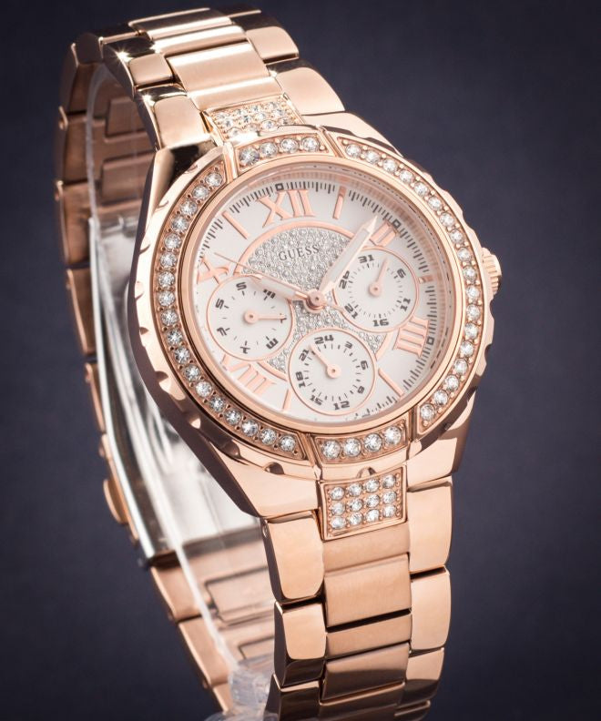 Guess Viva Diamonds White Dial Rose Gold Steel Strap Watch for Women - W0111L3