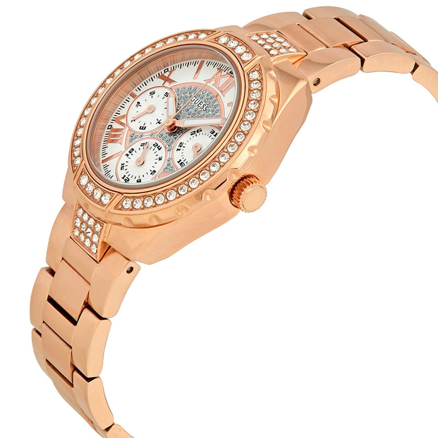 Guess Viva Diamonds White Dial Rose Gold Steel Strap Watch for Women - W0111L3