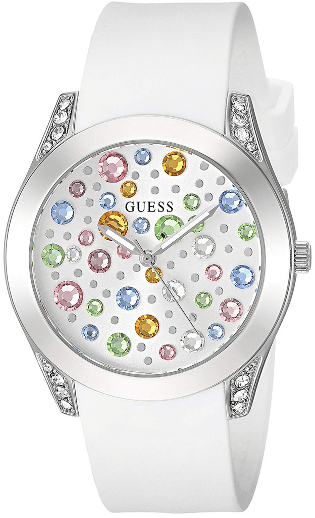 Guess Wanderlust Crystals Silver Dial White Rubber Strap Watch For Women - W1059L3