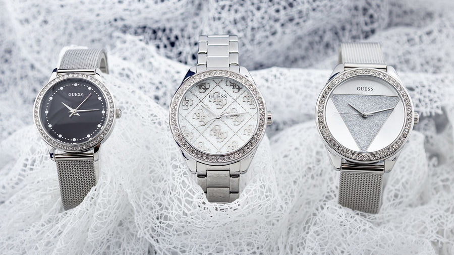 Guess Tri Glitz Quartz Silver Dial Silver Mesh Bracelet Watch For Women - W1142L1