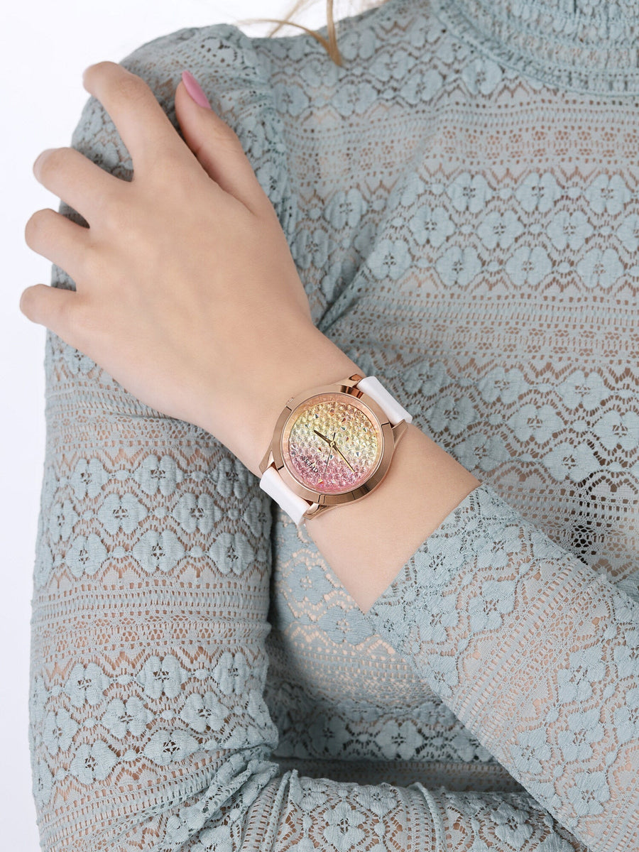Guess Crush Crystals Gold Dial White Rubber Strap Watch for Women - W1223L3