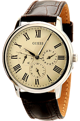 Guess Wafer Quartz White Dial Brown Leather Strap Watch For Men - W70016G2