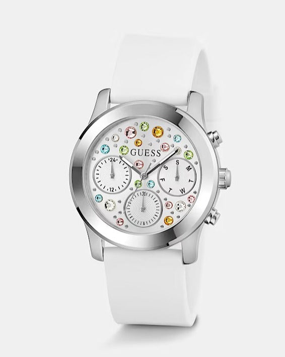 Guess Wanderlust Crystals Silver Dial White Rubber Strap Watch for Women - W1059L1