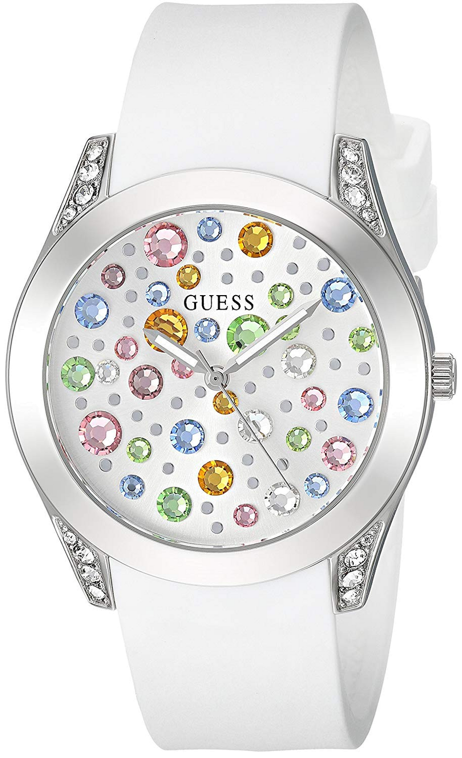 Guess Wanderlust Crystals Silver Dial White Rubber Strap Watch for Women - W1059L1