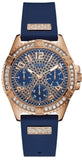 Guess Frontier DIamonds Gold Dial Blue Rubber Strap Watch For Women - W1160L3