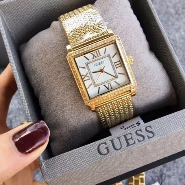 Guess White Dial Gold Mesh Bracelet Watch For Women - W0826L2