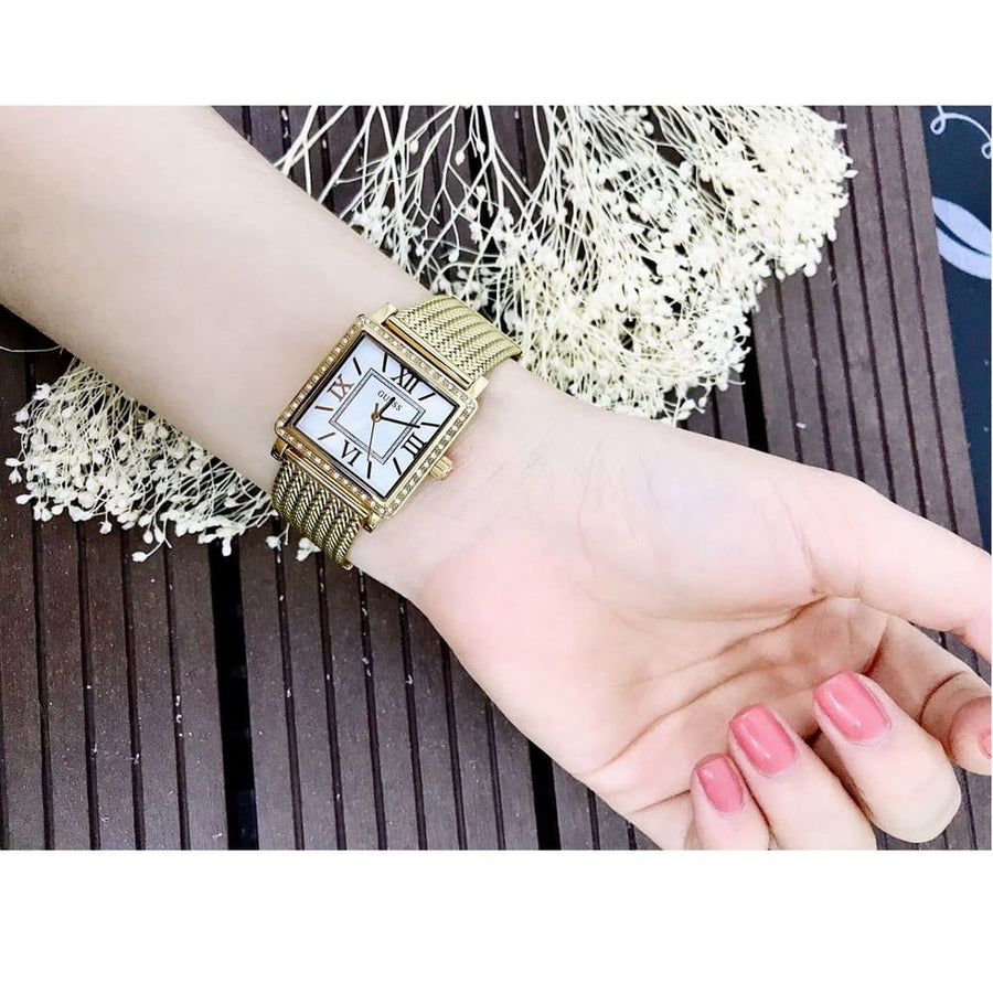 Guess White Dial Gold Mesh Bracelet Watch For Women - W0826L2