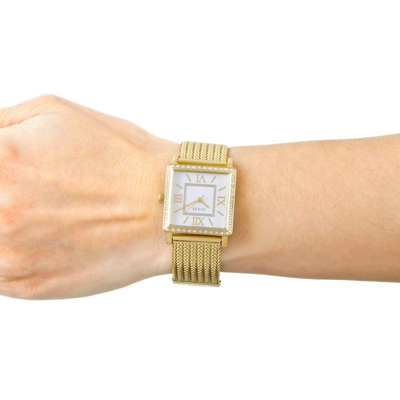 Guess White Dial Gold Mesh Bracelet Watch For Women - W0826L2