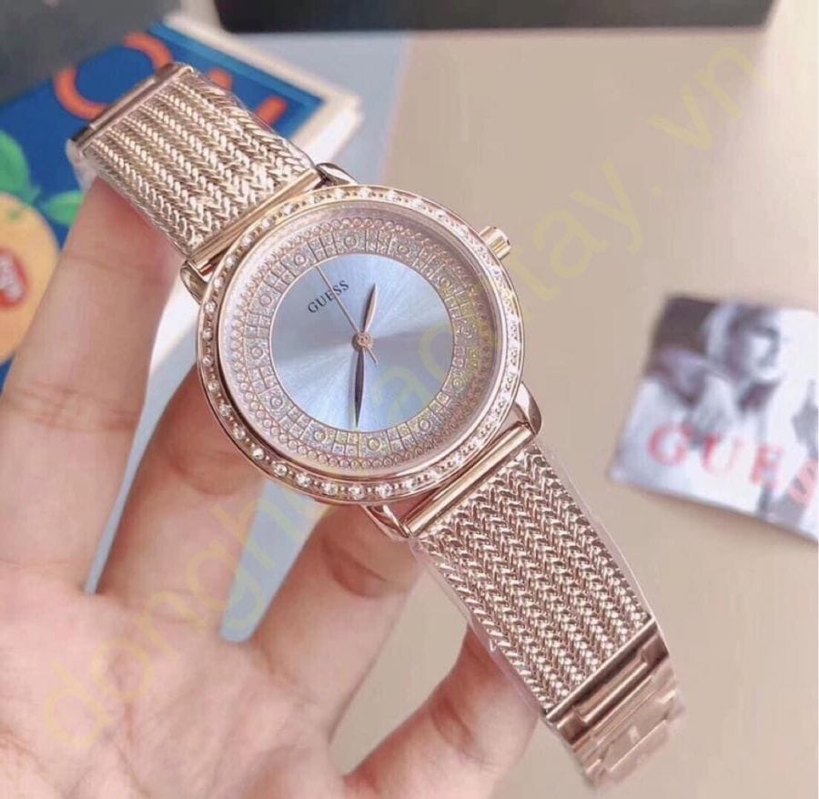 Guess Willow Crystal Blue Dial Rose Gold Mesh Bracelet Watch For Women - W0836L1