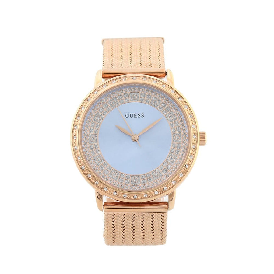 Guess Willow Crystal Blue Dial Rose Gold Mesh Bracelet Watch For Women - W0836L1