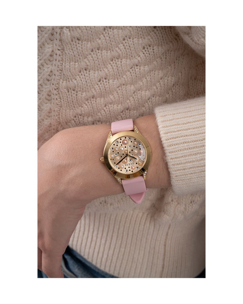 Guess Wonderlust Beige Dial Pink Leather Strap Watch for Women - W1065L1