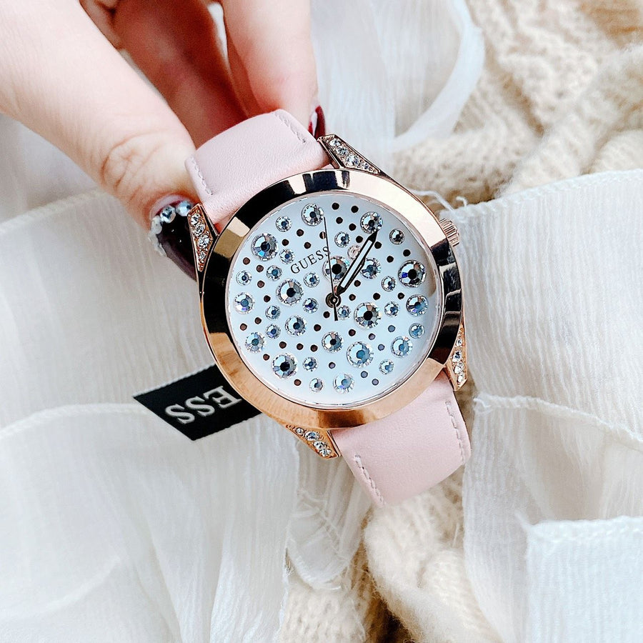 Guess Wonderlust Beige Dial Pink Leather Strap Watch for Women - W1065L1