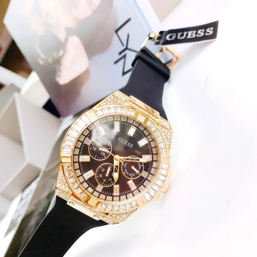 Guess Zeus Chronograph Diamonds Black Dial Black Silicone Strap Watch For Men - GW0208G2