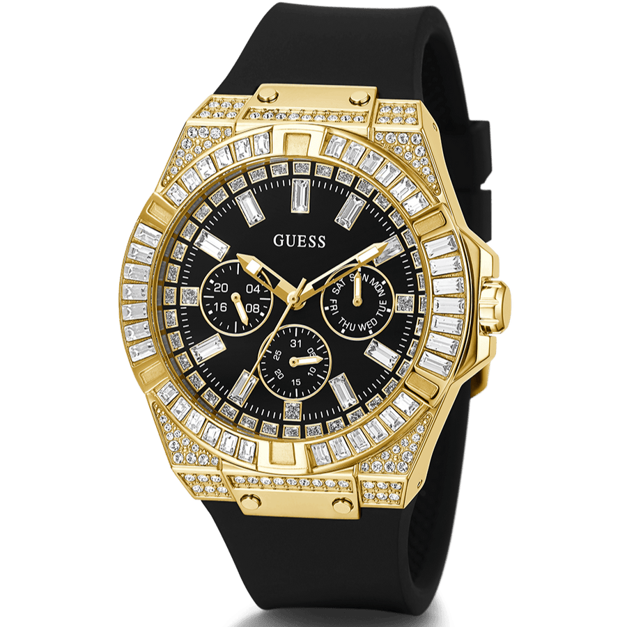 Guess Zeus Chronograph Diamonds Black Dial Black Silicone Strap Watch For Men - GW0208G2