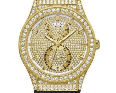 Guess Princess Crystals Gold Dial Black Silicone Strap Watch For Women - GW0439L2
