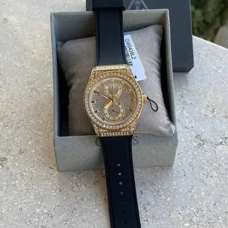 Guess Princess Crystals Gold Dial Black Silicone Strap Watch For Women - GW0439L2