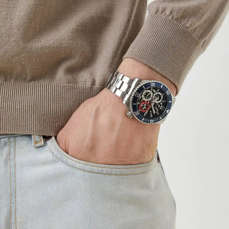 Guess Axle Multifunction Black Dial Silver Steel Strap Watch For Men - GW0488G1