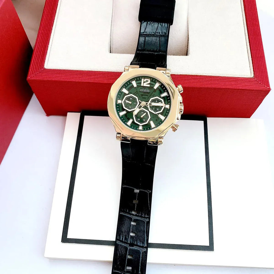 Guess Edge Chronograph Green Dial Black Leather Strap Watch For Men - GW0492G3