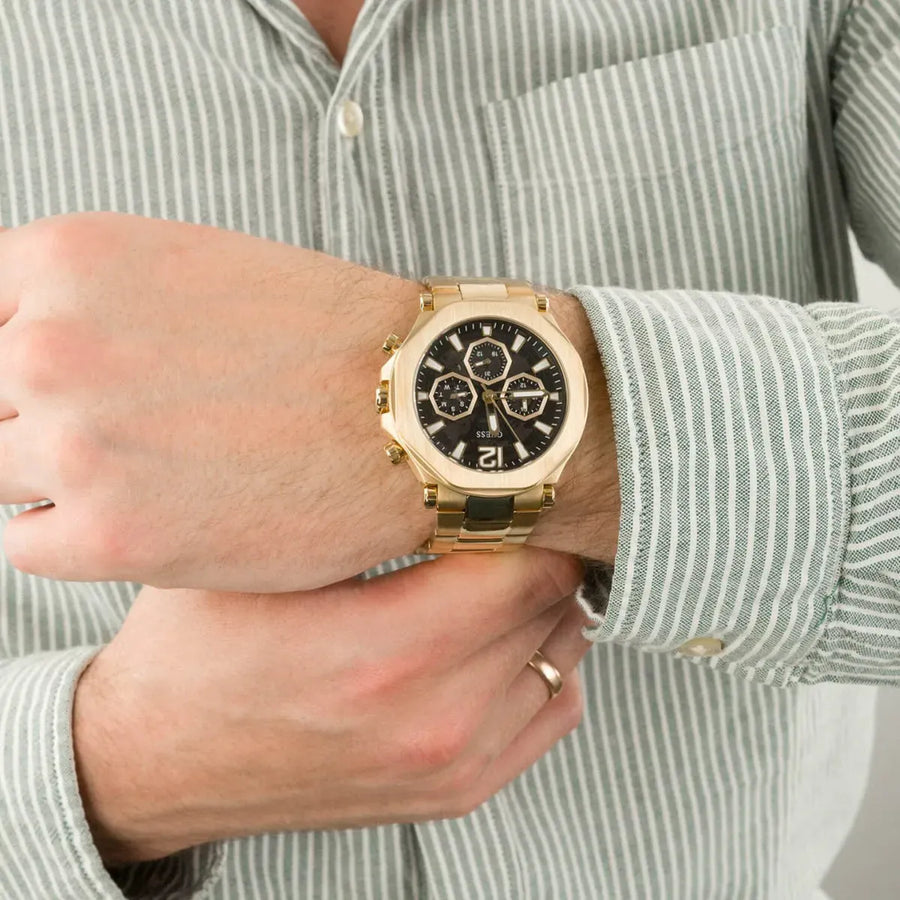 Guess Edge Chronograph Black Dial Gold Steel Strap Watch For Men - GW0539G2