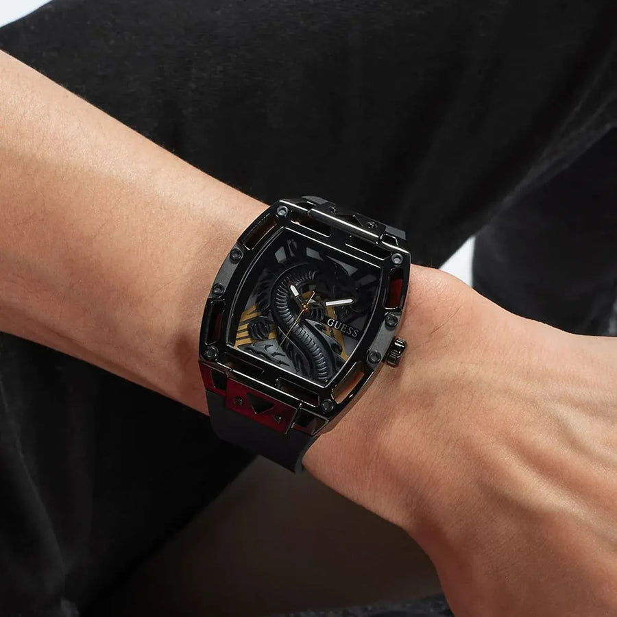 Guess Men's Black Dial Square Watch with Rubber Strap