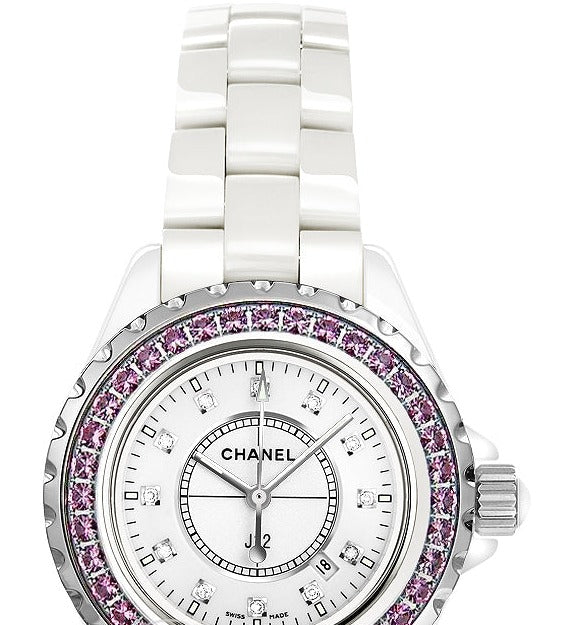 Chanel J12 Sapphire Bezel Ceramic White Dial White Steel Strap Watch for Women - J12 H2010