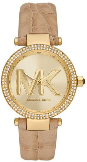 Michael Kors Parker Three-Hand Gold Dial Brown Leather Strap Watch For Women - MK4725