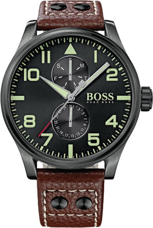 Hugo Boss Aeroliner Maxx Black Dial Brown Leather Strap Watch For Men - 1513079