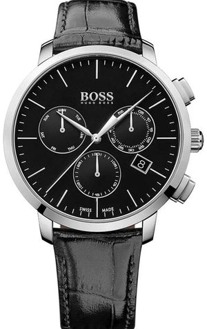 Hugo Boss Chronograph Black Dial Black Leather Strap Watch For Men - 1513266