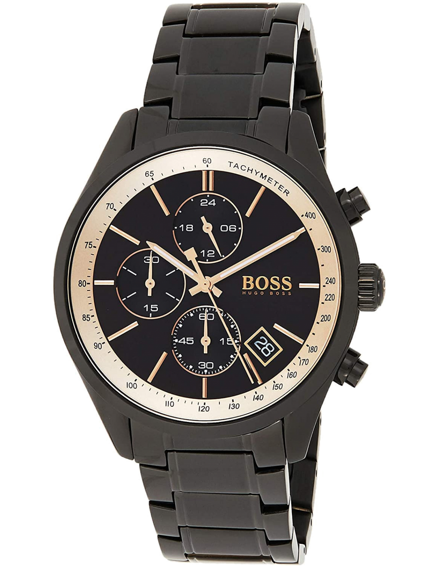 Hugo Boss Grand Prix Black Dial Black Steel Strap Watch for Men - 1513578