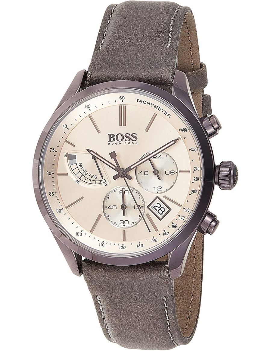 Hugo Boss Grand Prix Silver Dial Grey Leather Strap Watch for Men - 1513603