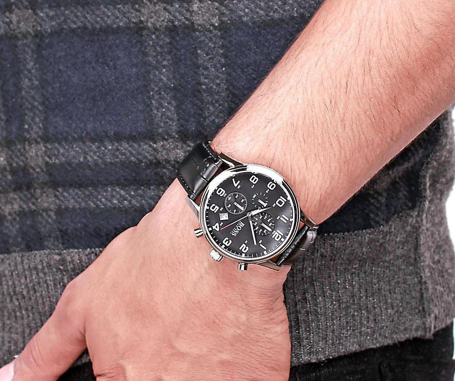 Hugo Boss Aeroliner Chronograph Black Dial Black Leather Strap Watch For Men - 1512448