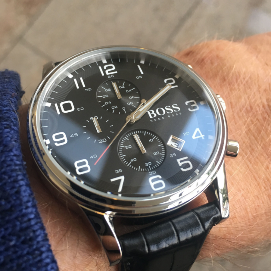 Hugo Boss Aeroliner Chronograph Black Dial Black Leather Strap Watch For Men - 1512448