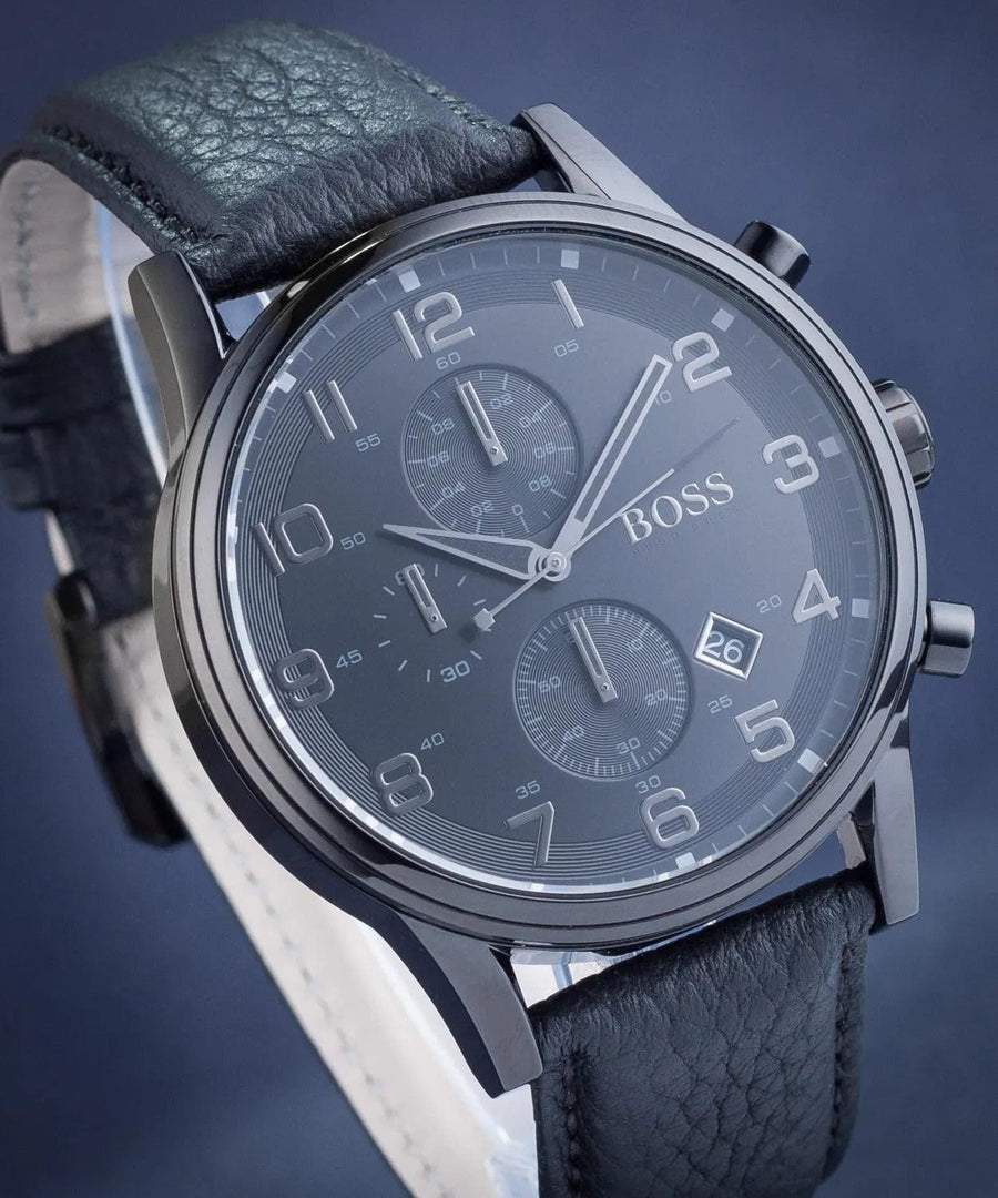 Hugo Boss Aeroliner Chronograph Black Dial Black Leather Strap Watch for Men - 1512567