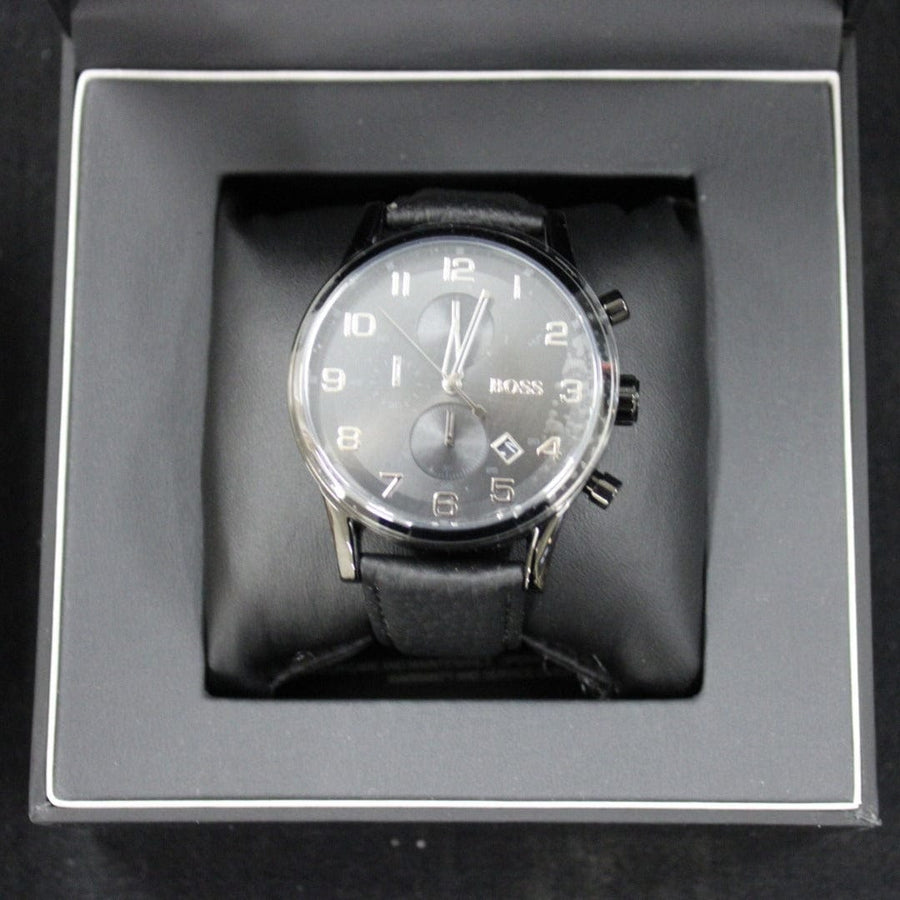 Hugo Boss Aeroliner Chronograph Black Dial Black Leather Strap Watch for Men - 1512567